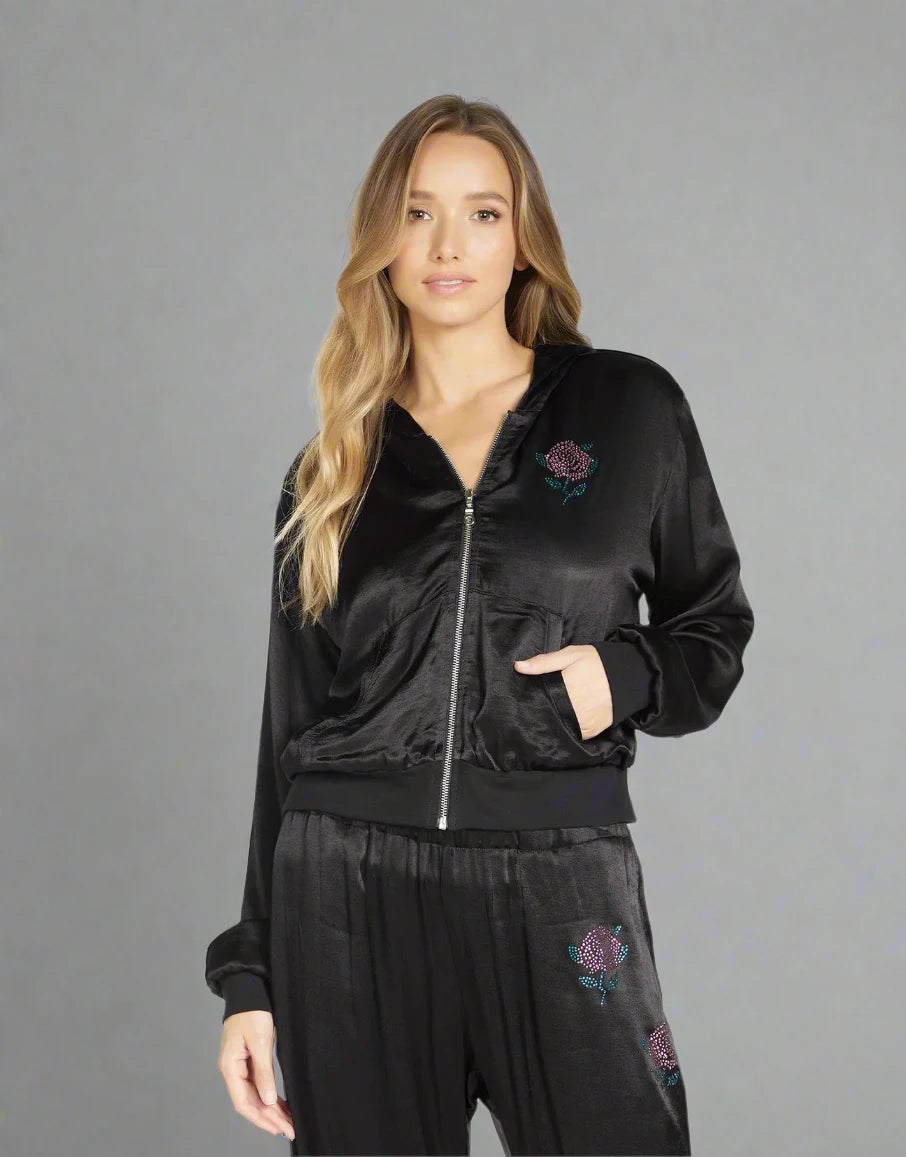 Lauren Moshi Kathleen Crystal Roses Satin Bomber Jacket