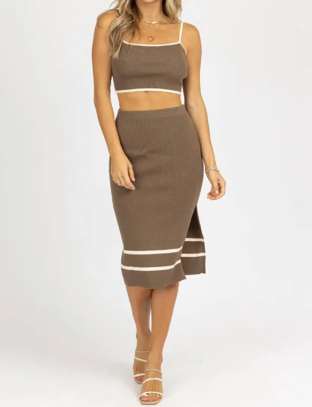 Contrast Knit Midi Set In Deep Olive + Ivory