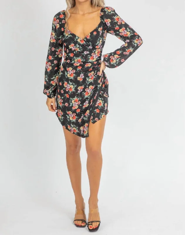 Floral Envelope Mini Dress In Black