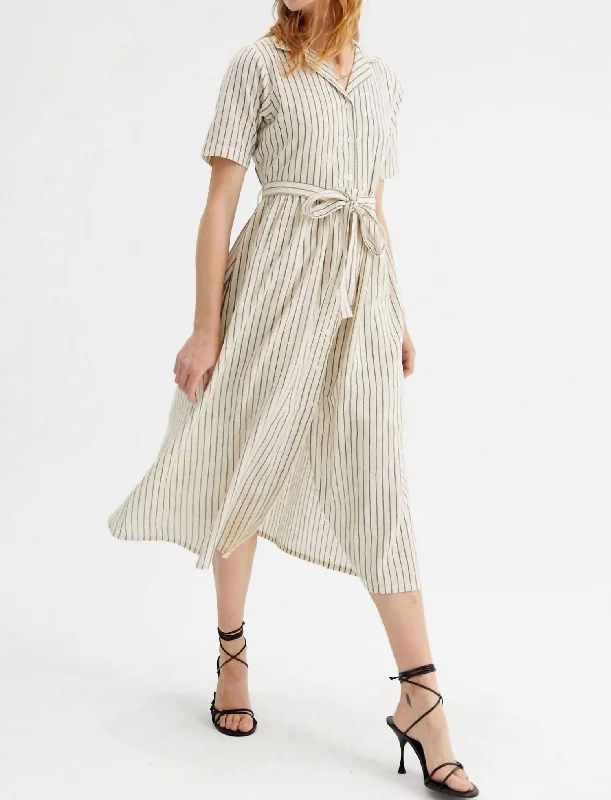 Striped Midi Shirt Dress In Cream