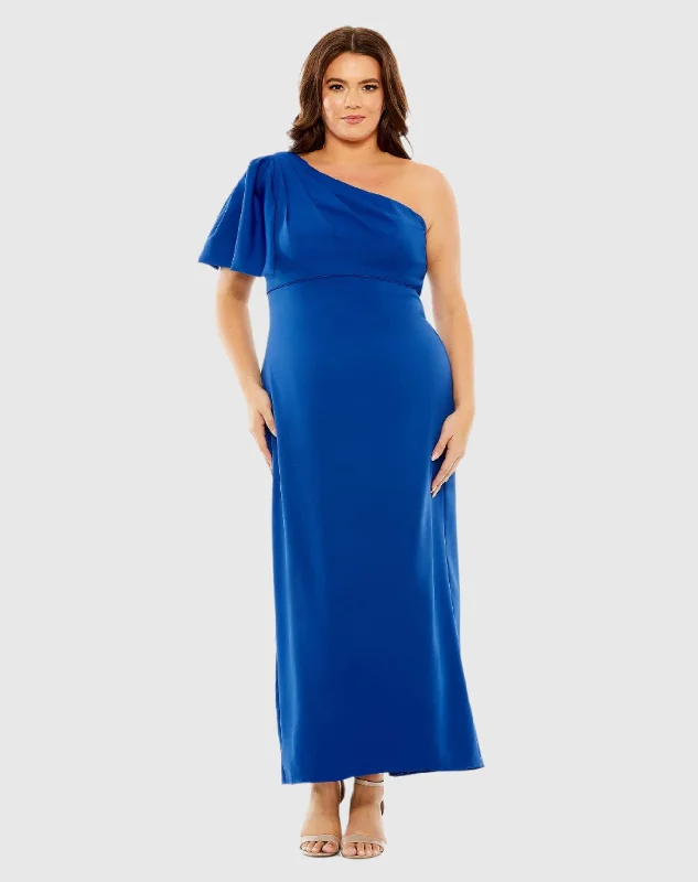 One Shoulder Tea Length Crepe Dress (Plus) - FINAL SALE