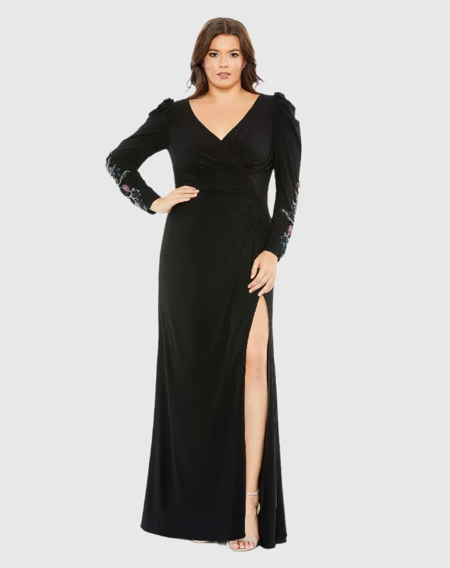 Embellished Long Sleeve Faux Wrap Gown (Plus)