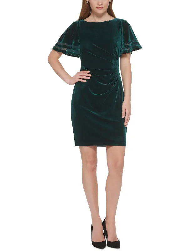 Petites Womens Velvet Flutter Sleeve Cocktail and Party Dress