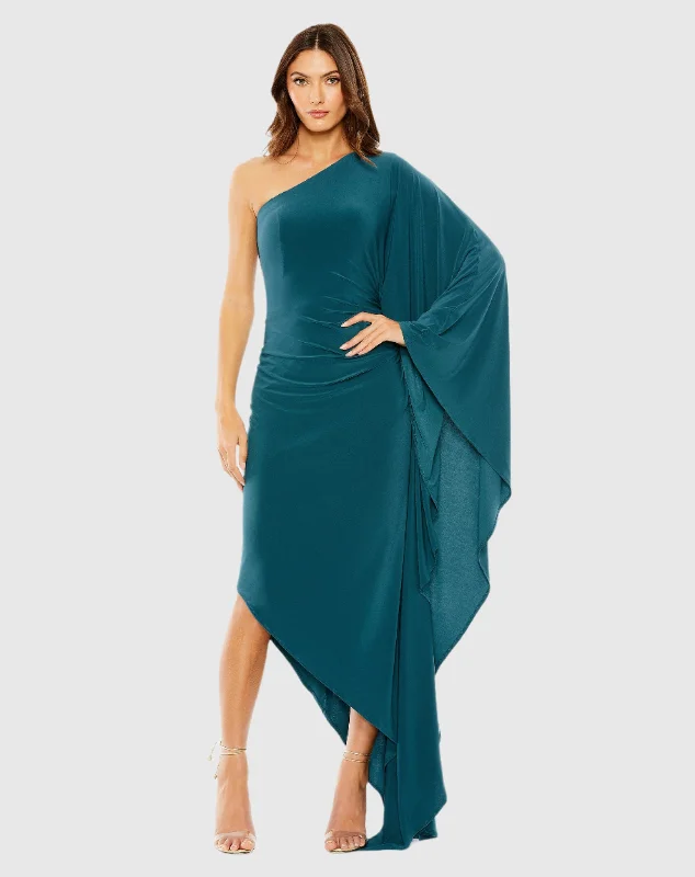 Blue One Shoulder Cape Sleeve Ruched Detail Jersey Gown