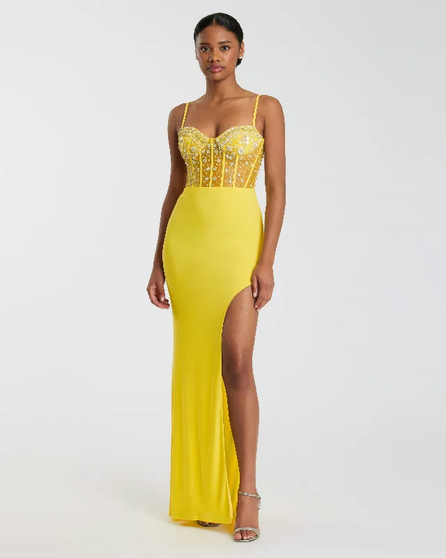 Spaghetti Strap Beaded Sheer Bodice Gown with Slit - FINAL SALE