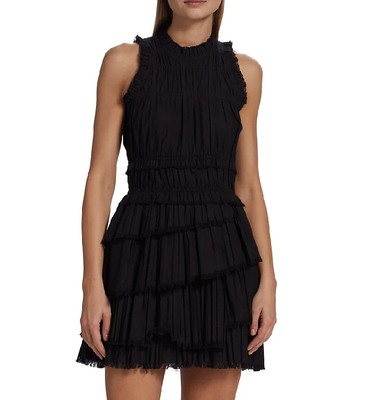 SEA NY Women's Greir Solid Black Pleated Sleeveless Mini Dress, L