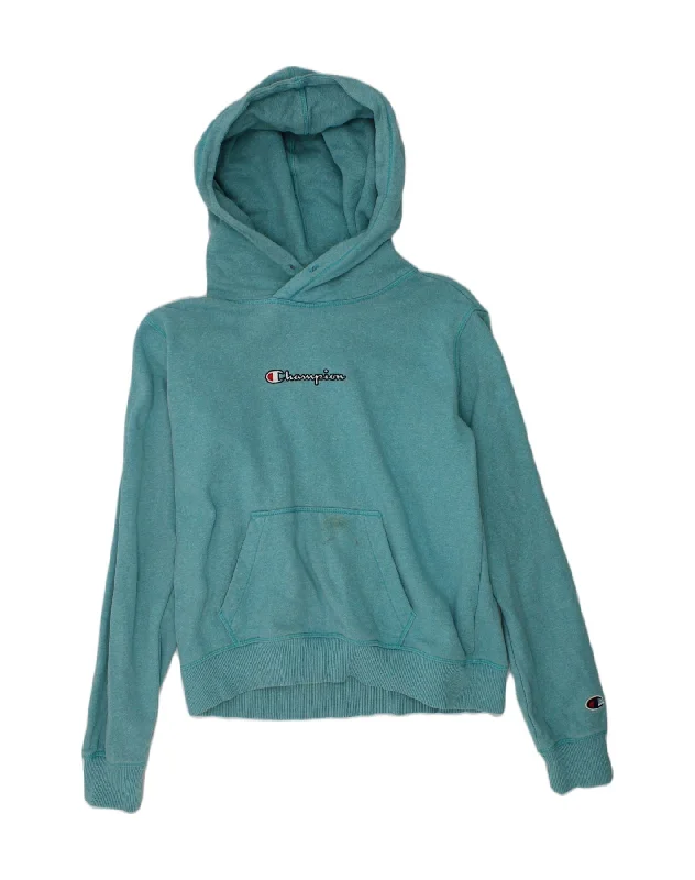 CHAMPION Womens Graphic Hoodie Jumper UK 10 Small Turquoise Cotton