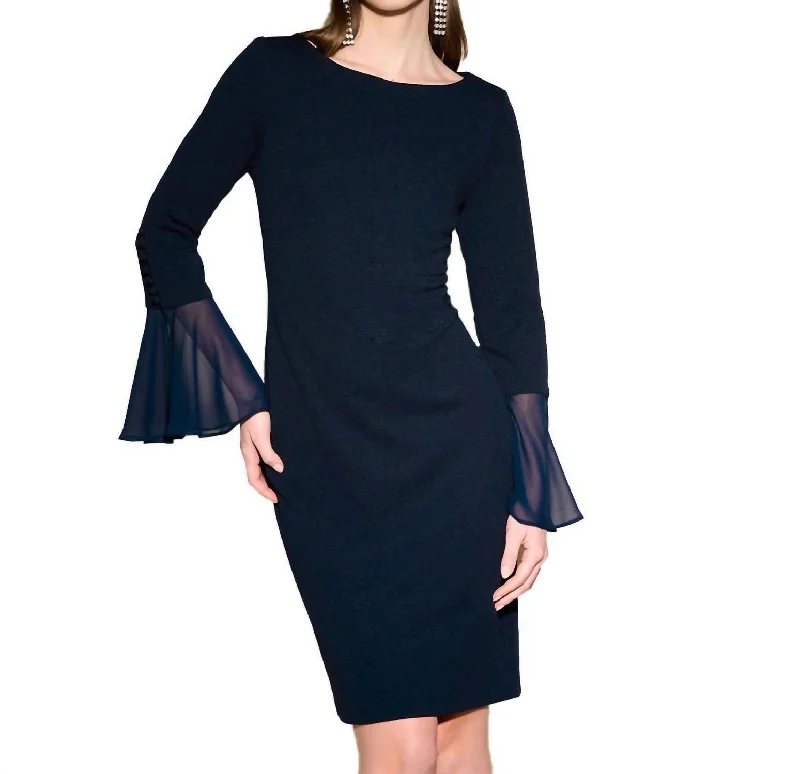 Bell Sleeve Sheath Dress In Midnight Blue