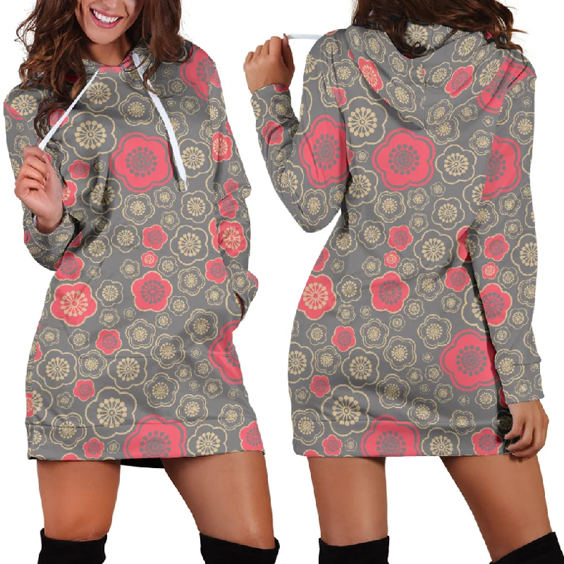 Red Gold Sakura Cherry Blossom Gray Background Women'S Hoodie Dress