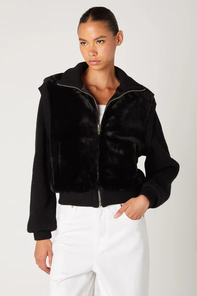 faux fur + knit bomber jacket