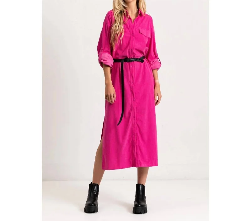 Corduroy Roll Up Sleeve Shirt Dress In Pink