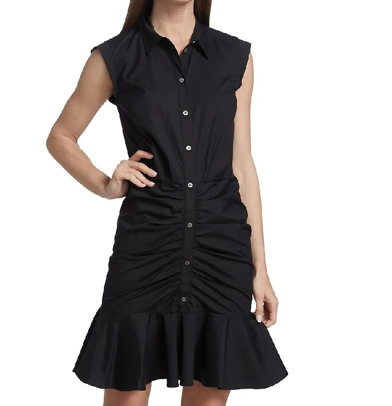 Veronica Beard Women's Black Cotton Ruched Button Down Mini Shirt Dress