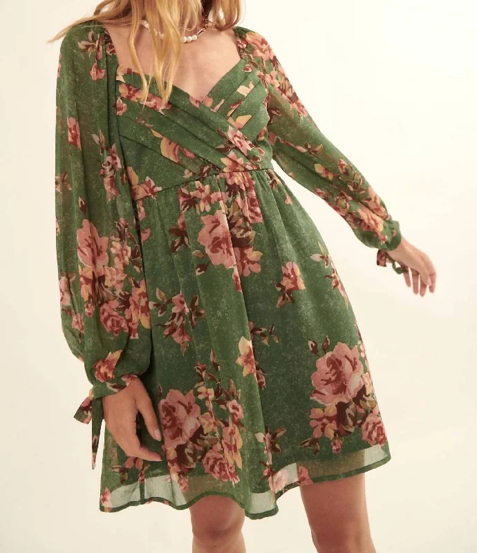 Enchanting Blooms Floral Chiffon Mini Dress In Green