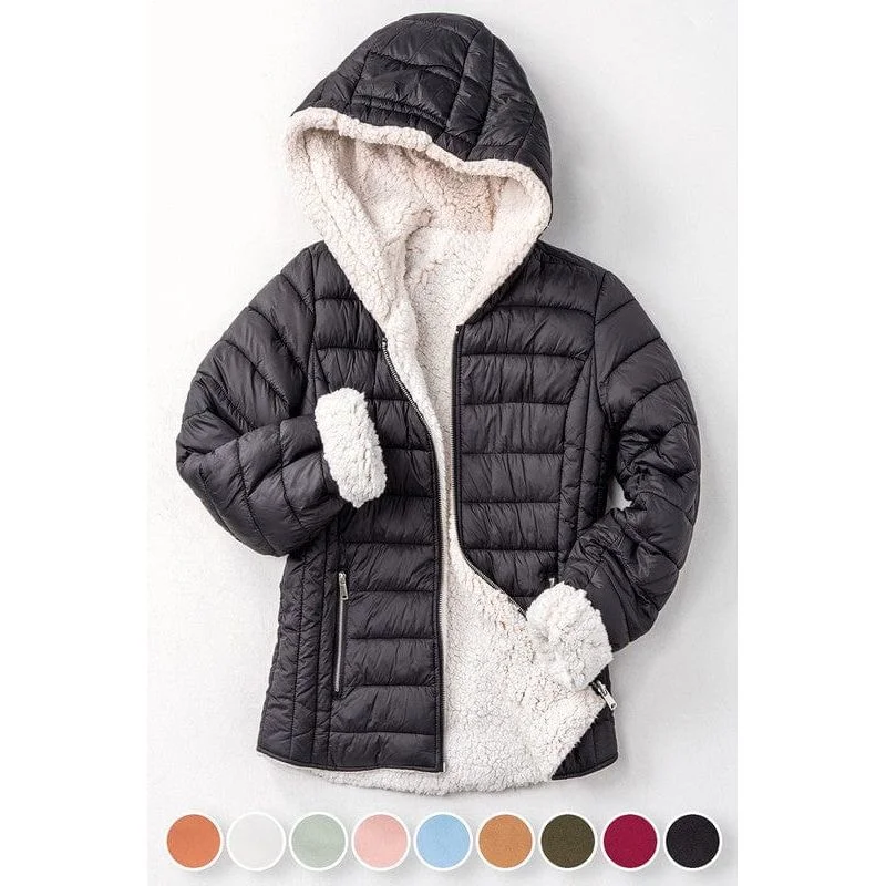 Women's Sherpa Fleece Lined Puffer Jacket W hood.