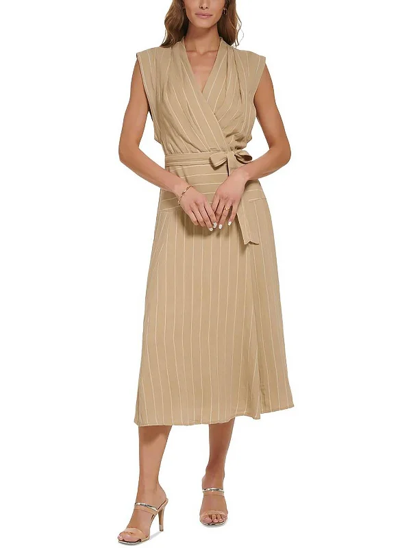 Womens Linen V Neck Midi Dress