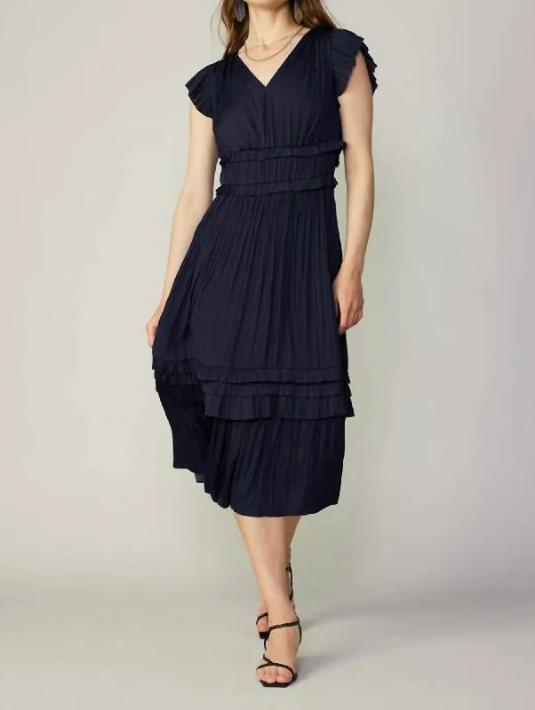 V-Neck Pleated Ruffle Long Dress In Dark Navy