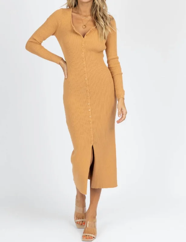 Ribbed Knit Button Front Midi Dress In Camel