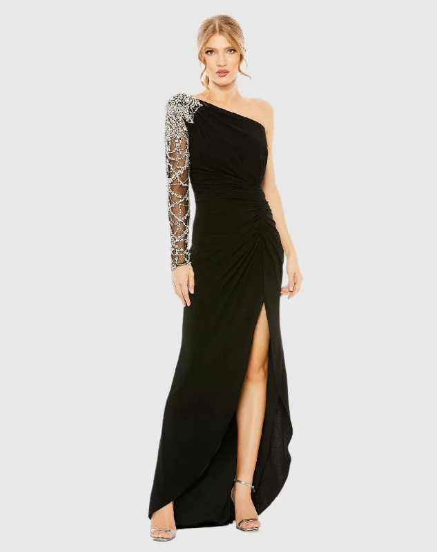 Embellished One Shoulder Long Sleeve Gown