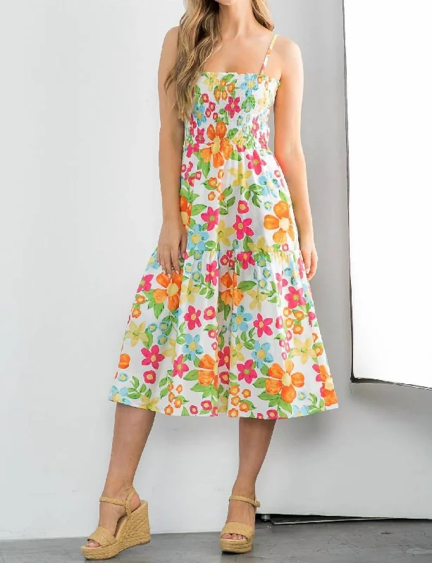 Smocked Floral Tiered Midi Dress In Multi