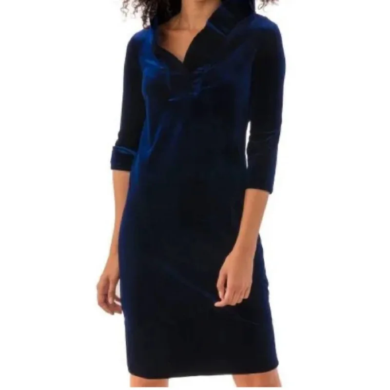 Ruffleneck Velour Dress In Navy