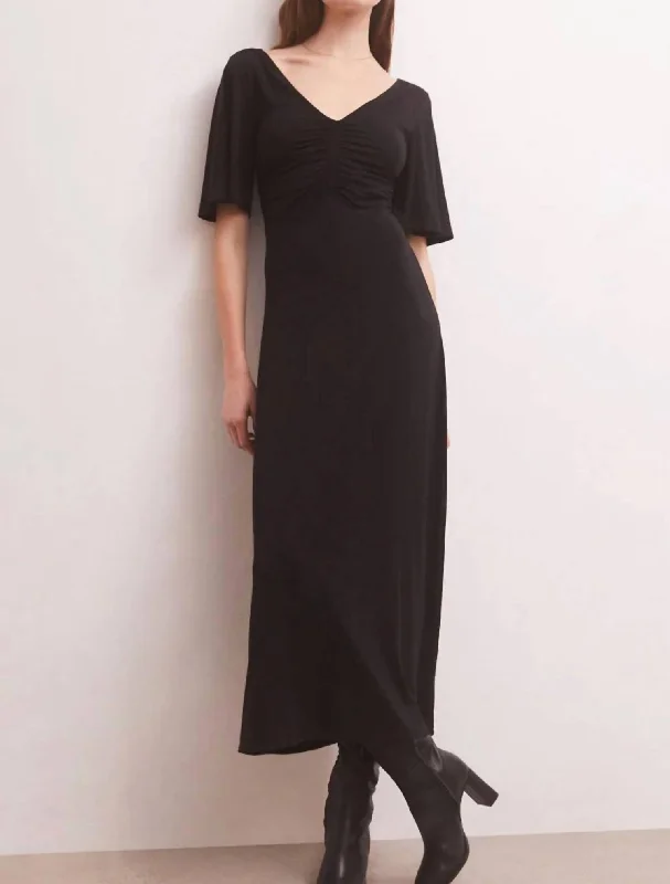 Kara Flutter Sleeve Midi Dress In Black