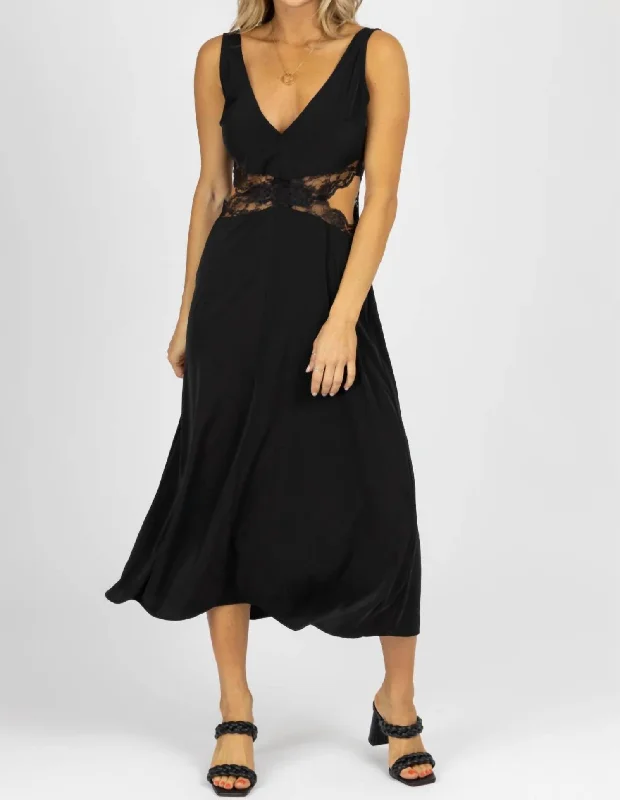 Lace Trim Cutout Midi Dress In Black