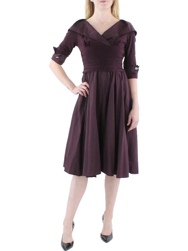 Petites Womens Portrait Collar Ruched Midi Dress