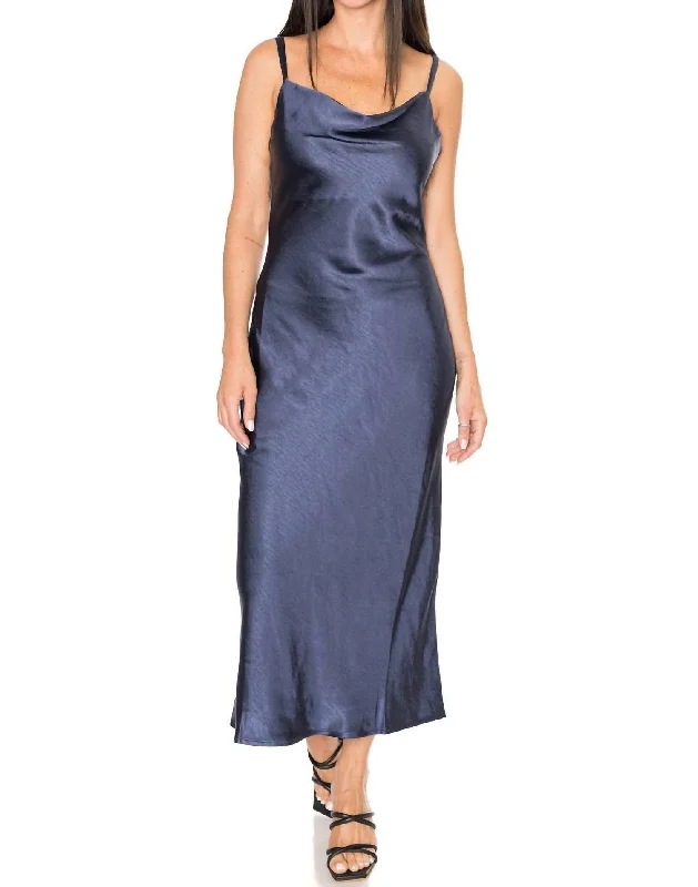 Linda Satin Cowl Neck Slip Maxi Dress In Navy