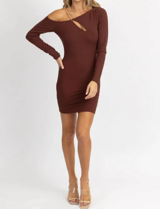 Asymmetrical Chain Trim Mini Dress In Brownie