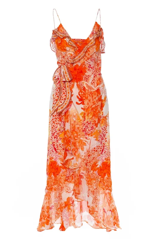 Camilla Women's Long Wrap Dress with Frill, Dragon Mother, Orange, Print