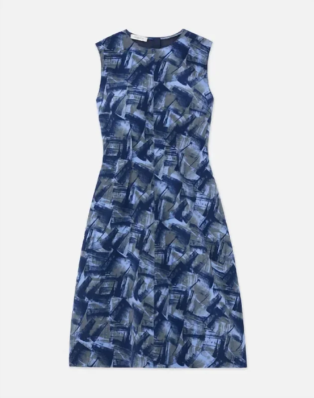 Stamped Book Print Silk Dress In Blue Iris Multi