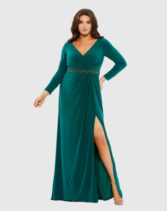 Green Beaded Belt Jersey Faux Wrap Long Sleeve Gown