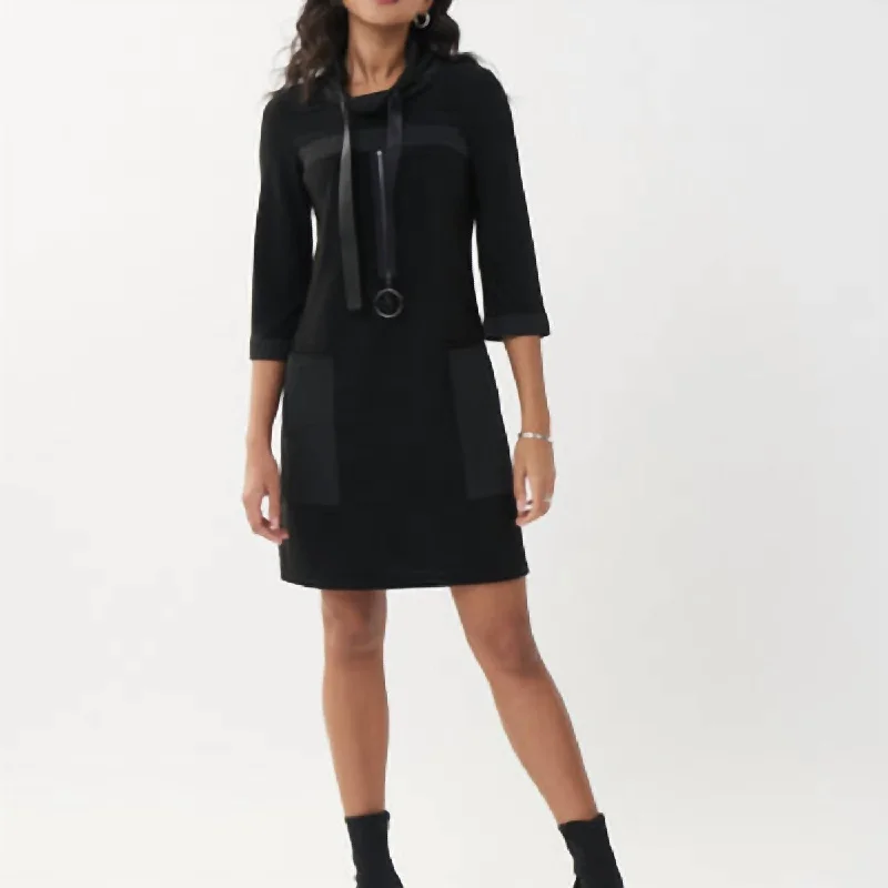 Leatherette Trim Dress In Black