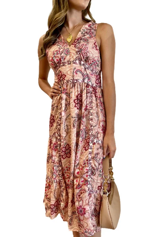 Print Sleeveless Midi Dress In Pink Mix