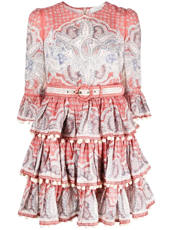 Zimmermann Vitali Tiered Hem Mini Dress Indigo/Ruby Paisley