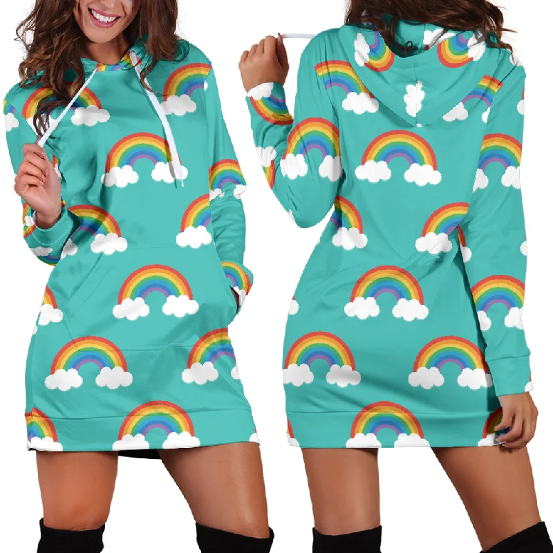 Rainbow Pattern Green Background Women'S Hoodie Dress